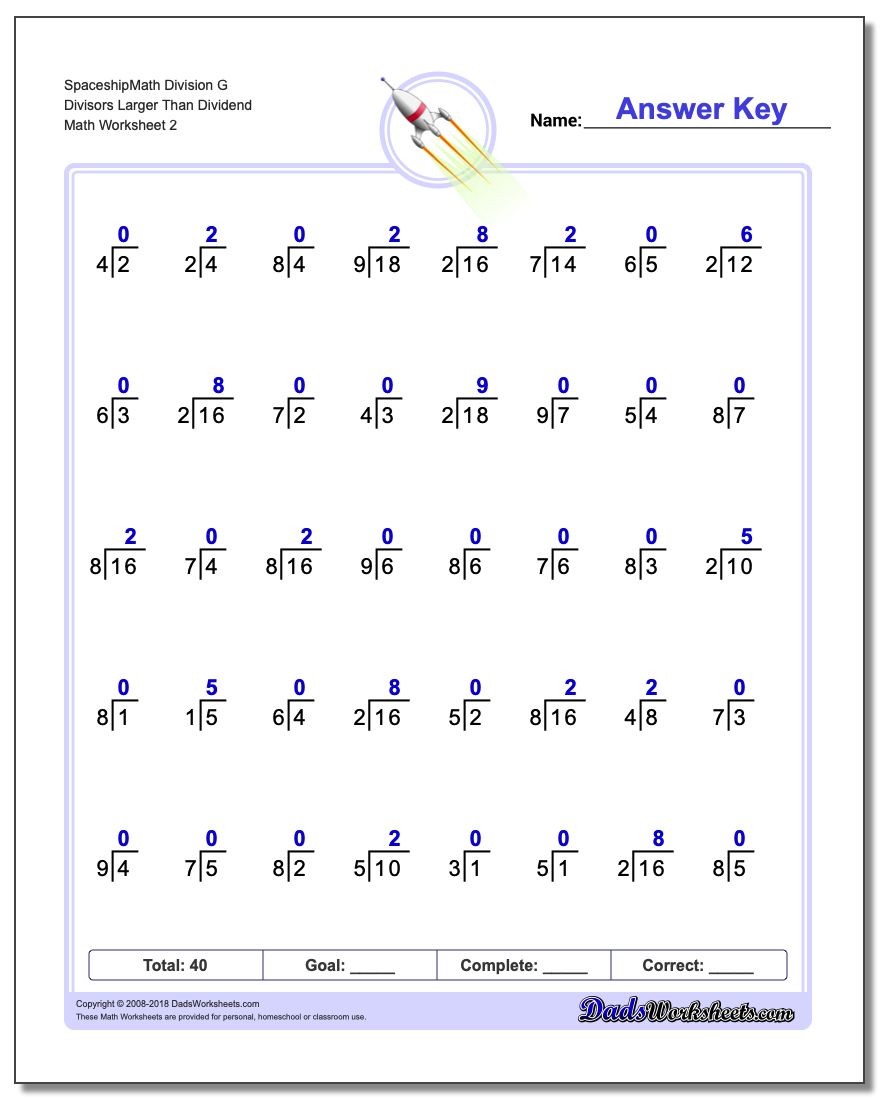 SpaceshipMath Division Worksheet G Divisors Larger Than Dividend www.dadsworksheets.com/worksheets/division.html