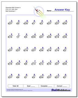 Division Worksheet Spaceship Math H 27/9, 27/3, 36/9, 36/4