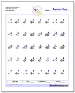 Spaceship Math Division Worksheet H 27/9, 27/3, 36/9, 36/4