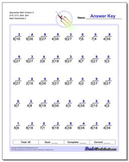 Spaceship Math Division Worksheet H 27/9, 27/3, 36/9, 36/4