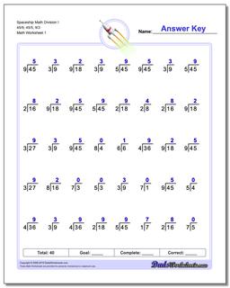 Division Worksheet Spaceship Math I 45/9, 45/5, 9/3