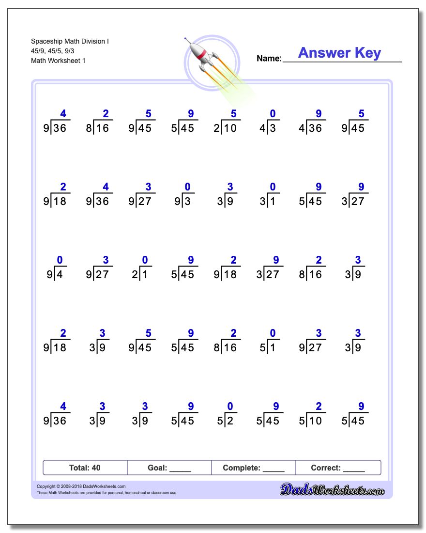 Division Worksheet Spaceship Math I 45/9, 45/5, 9/3