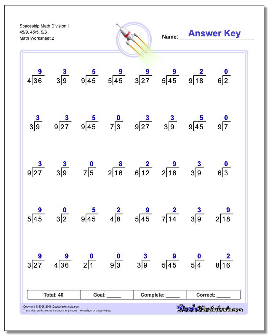 Spaceship Math Division Worksheet I 45/9, 45/5, 9/3 www.dadsworksheets.com/worksheets/division.html