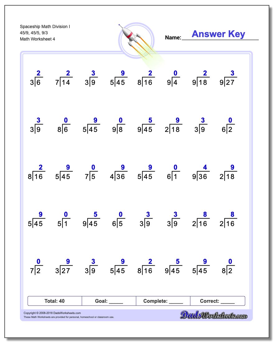 Spaceship Math Division Worksheet I 45/9, 45/5, 9/3