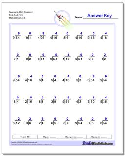 Spaceship Math Division Worksheet J 54/9, 54/6, 16/4