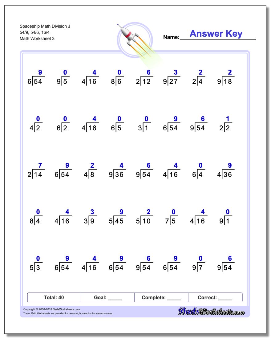 Spaceship Math Division Worksheet J 54/9, 54/6, 16/4