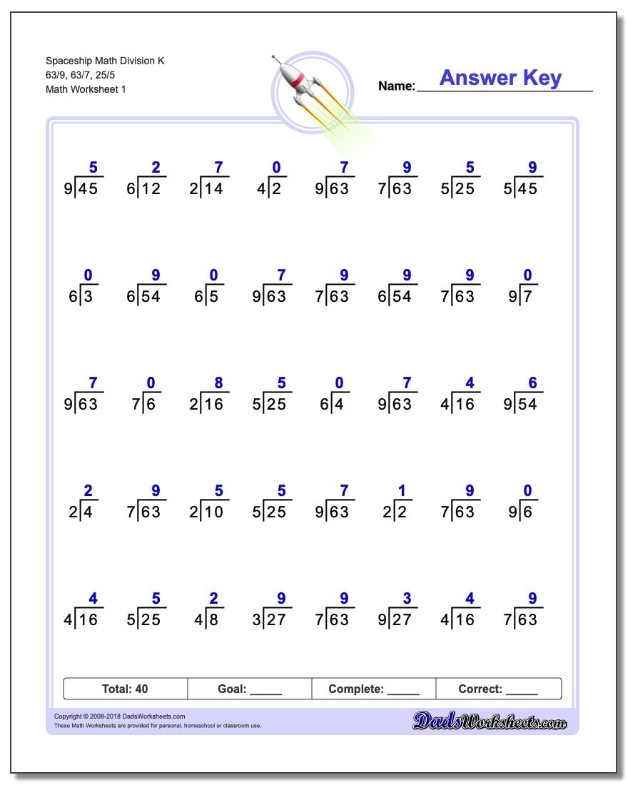Division Worksheet Spaceship Math K 63/9, 63/7, 25/5