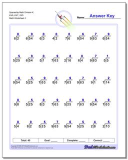 Spaceship Math Division Worksheet K 63/9, 63/7, 25/5 /worksheets/division.html