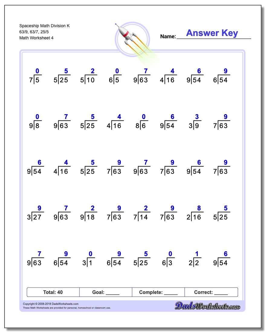 Spaceship Math Division Worksheet K 63/9, 63/7, 25/5