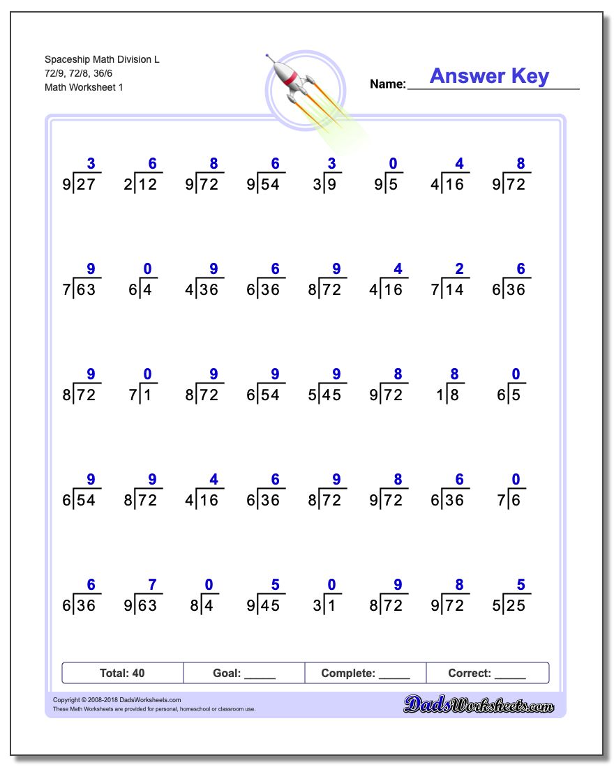 Division Worksheet Spaceship Math L 72/9, 72/8, 36/6