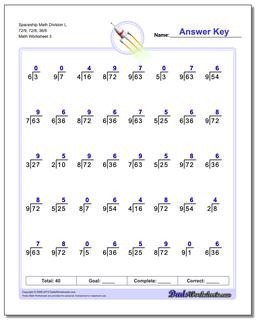 Spaceship Math Division Worksheet L 72/9, 72/8, 36/6