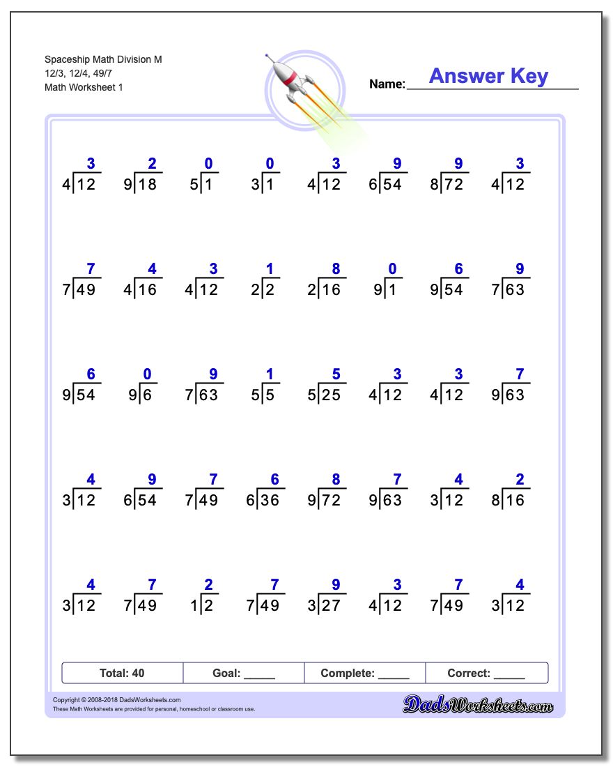 Division Worksheet Spaceship Math M 12/3, 12/4, 49/7