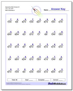 Spaceship Math Division Worksheet M 12/3, 12/4, 49/7