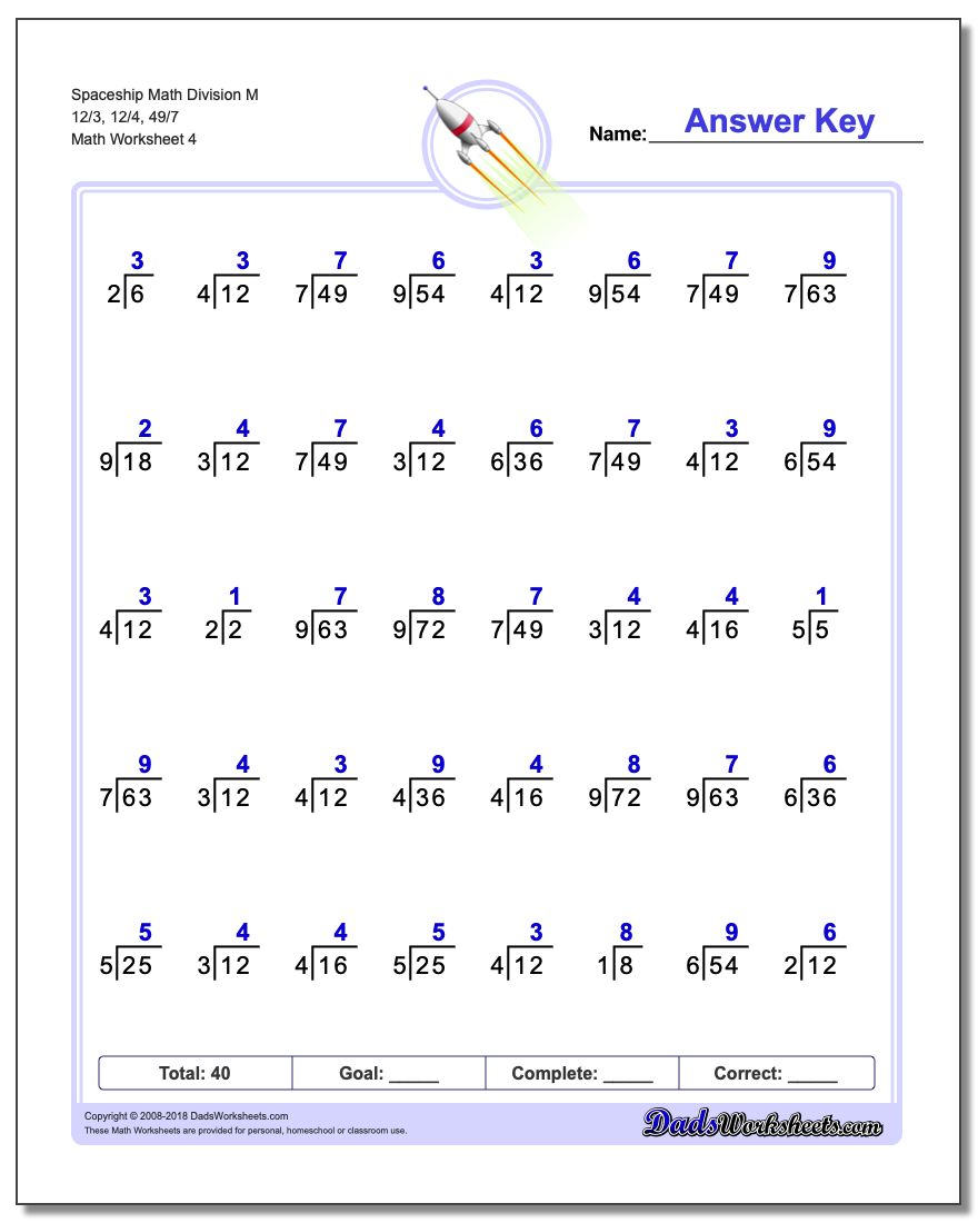 Spaceship Math Division Worksheet M 12/3, 12/4, 49/7