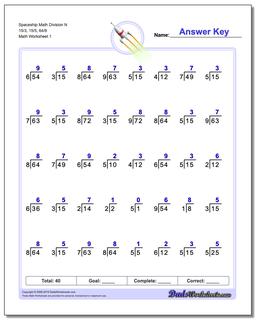 Division Worksheet Spaceship Math N 15/3, 15/5, 64/8