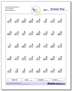 Spaceship Math Division Worksheet N 15/3, 15/5, 64/8 /worksheets/division.html