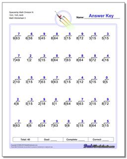 Spaceship Math Division Worksheet N 15/3, 15/5, 64/8