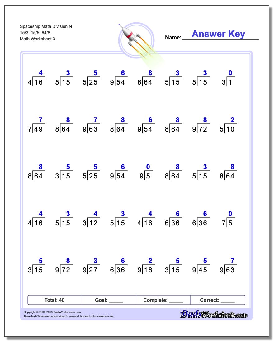 Spaceship Math Division Worksheet N 15/3, 15/5, 64/8