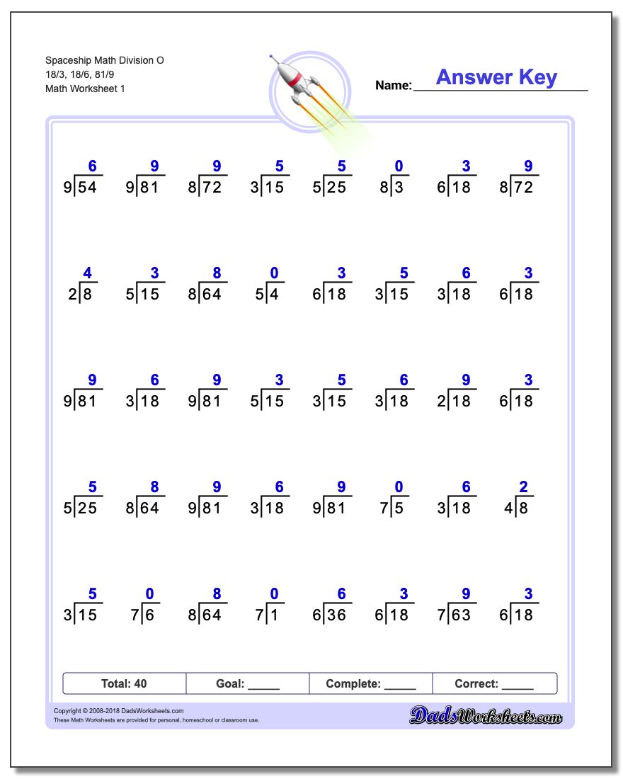 Division Worksheet Spaceship Math O 18/3, 18/6, 81/9