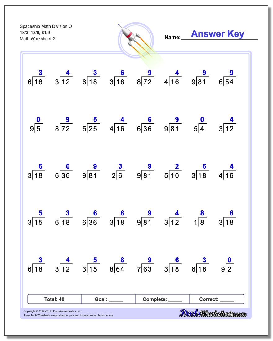 Spaceship Math Division Worksheet O 18/3, 18/6, 81/9 www.dadsworksheets.com/worksheets/division.html