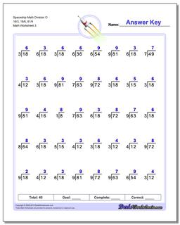Spaceship Math Division Worksheet O 18/3, 18/6, 81/9