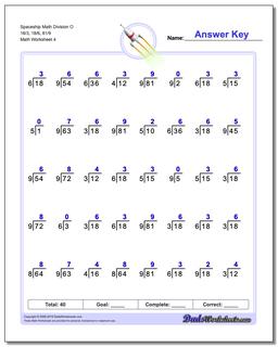 Spaceship Math Division Worksheet O 18/3, 18/6, 81/9