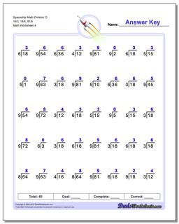 Spaceship Math Division Worksheet O 18/3, 18/6, 81/9