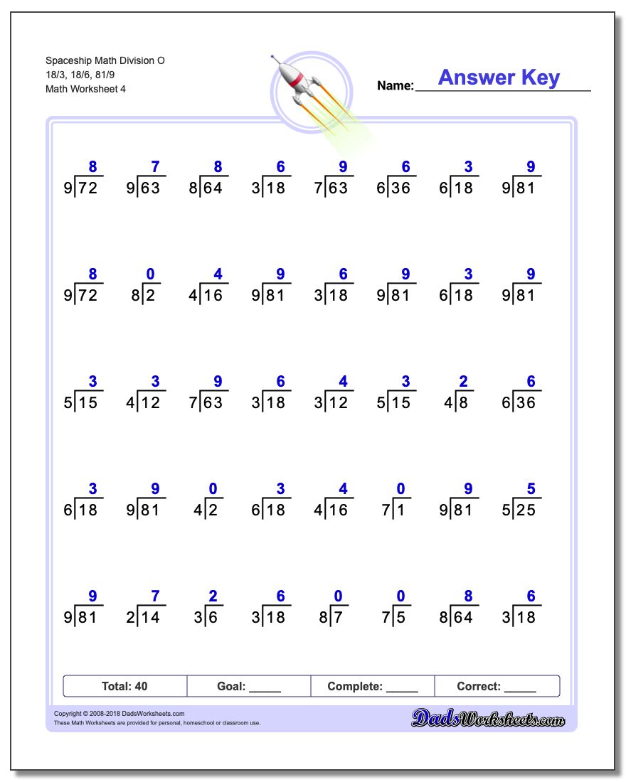 Spaceship Math Division Worksheet O 18/3, 18/6, 81/9