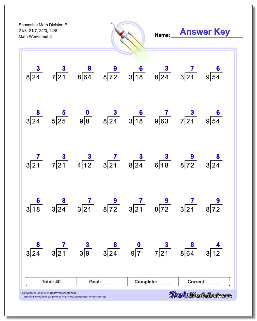 Spaceship Math Division Worksheet P 21/3, 21/7, 24/3, 24/8 www.dadsworksheets.com/worksheets/division.html