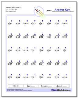 Spaceship Math Division Worksheet P 21/3, 21/7, 24/3, 24/8