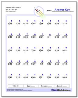 Division Worksheet Spaceship Math Q 56/8, 56/7, 48/8, 48/6