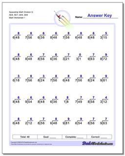 Division Worksheet Spaceship Math Q 56/8, 56/7, 48/8, 48/6