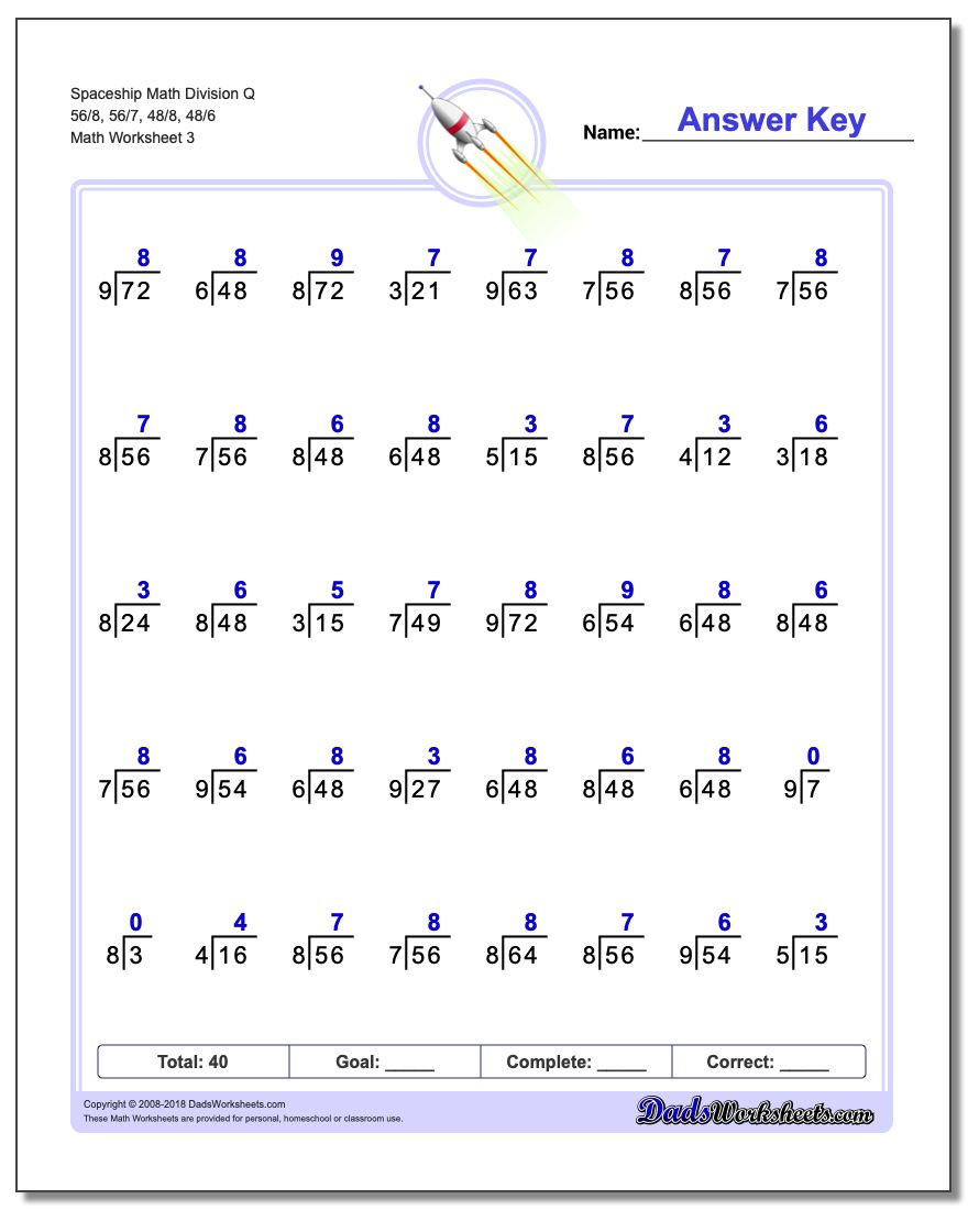 Spaceship Math Division Worksheet Q 56/8, 56/7, 48/8, 48/6