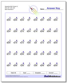 Spaceship Math Division Worksheet Q 56/8, 56/7, 48/8, 48/6