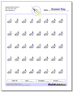 Spaceship Math Division Worksheet S 42/7, 42/6, 35/7, 35/5