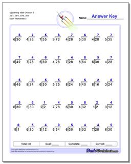 Spaceship Math Division Worksheet T 28/7, 28/4, 30/6, 30/5