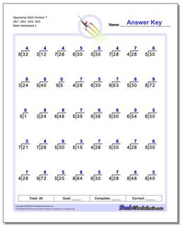 Spaceship Math Division Worksheet T 28/7, 28/4, 30/6, 30/5