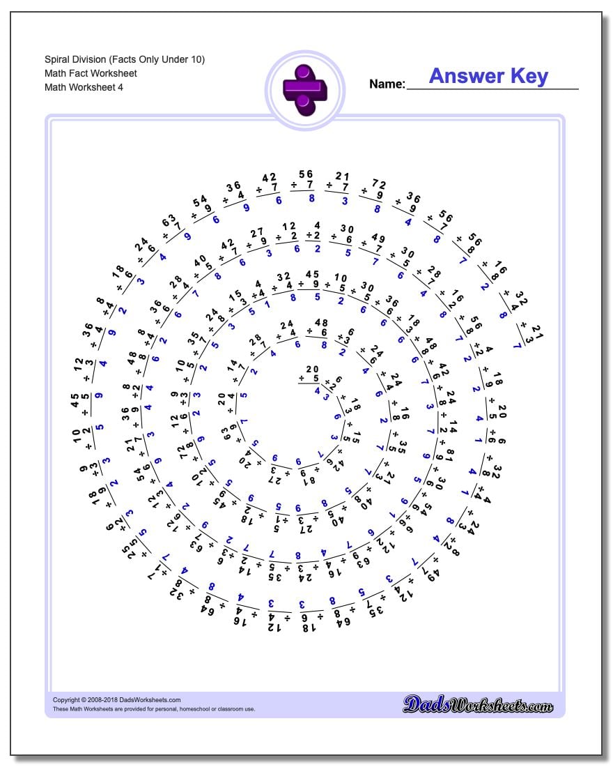 Spiral Division (Facts Only Under 10) Math Fact Worksheet
