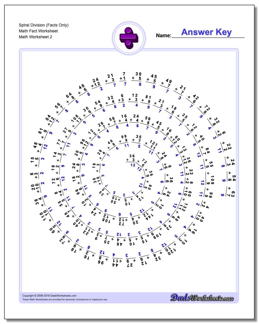 Spiral Division (Facts Only) Math Fact Worksheet www.dadsworksheets.com/worksheets/division.html