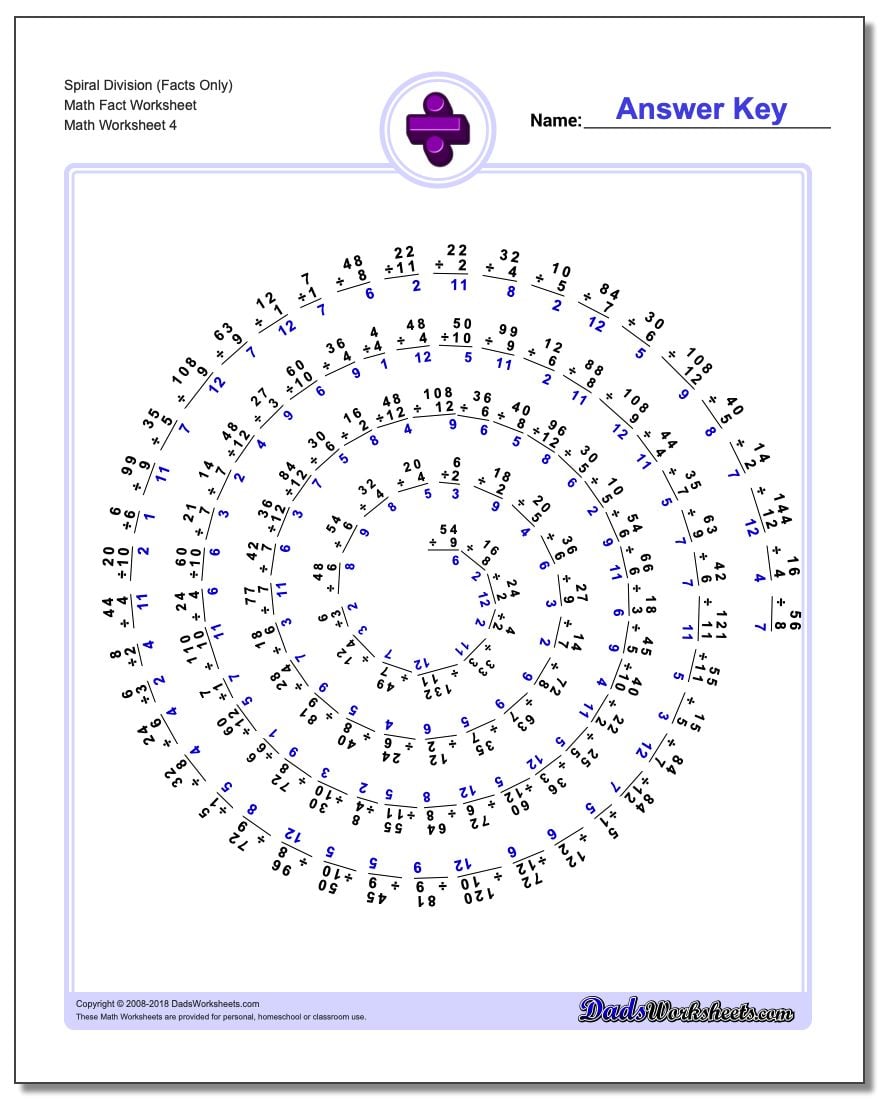 Spiral Division (Facts Only) Math Fact Worksheet
