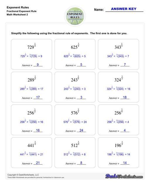 These exponent rules worksheets provide practice using the power rule, fraction rule, product rule, the negative rule, log to exponents and more! Learn how to simplify numbers with exponents and see how they relate to fractions, decimals and roots using these PDF worksheets with answer keys.  Exponent Rules Fractional Exponent Rule V2