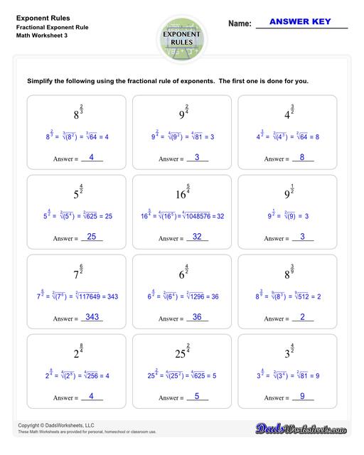 These exponent rules worksheets provide practice using the power rule, fraction rule, product rule, the negative rule, log to exponents and more! Learn how to simplify numbers with exponents and see how they relate to fractions, decimals and roots using these PDF worksheets with answer keys.  Exponent Rules Fractional Exponent Rule V3