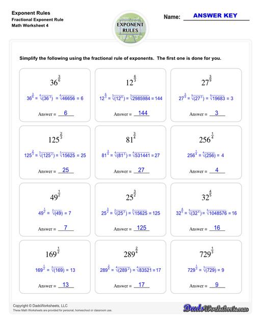 These exponent rules worksheets provide practice using the power rule, fraction rule, product rule, the negative rule, log to exponents and more! Learn how to simplify numbers with exponents and see how they relate to fractions, decimals and roots using these PDF worksheets with answer keys.  Exponent Rules Fractional Exponent Rule V4