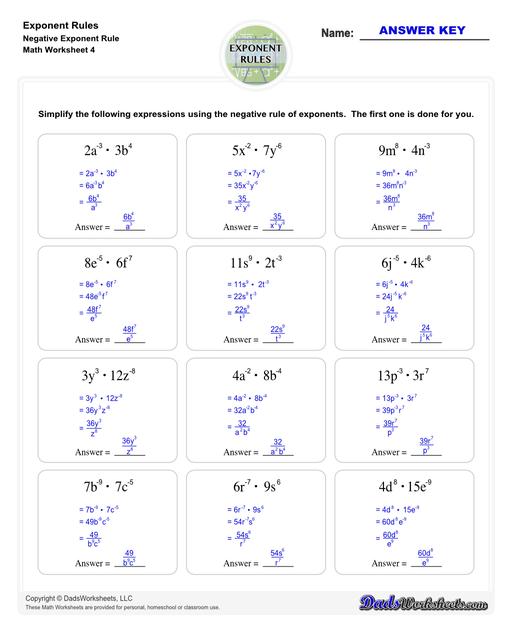 These exponent rules worksheets provide practice using the power rule, fraction rule, product rule, the negative rule, log to exponents and more! Learn how to simplify numbers with exponents and see how they relate to fractions, decimals and roots using these PDF worksheets with answer keys.  Exponent Rules Negative Exponent Rule V4
