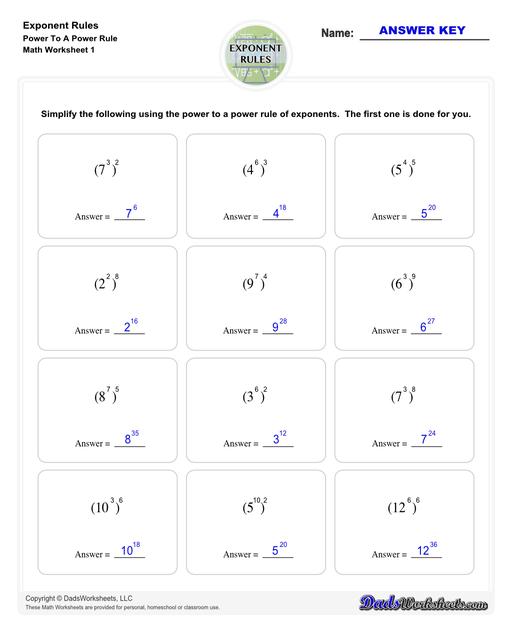 These exponent rules worksheets provide practice using the power rule, fraction rule, product rule, the negative rule, log to exponents and more! Learn how to simplify numbers with exponents and see how they relate to fractions, decimals and roots using these PDF worksheets with answer keys.  Exponent Rules Power To A Power Rule V1