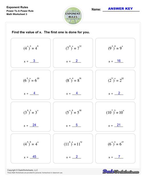 These exponent rules worksheets provide practice using the power rule, fraction rule, product rule, the negative rule, log to exponents and more! Learn how to simplify numbers with exponents and see how they relate to fractions, decimals and roots using these PDF worksheets with answer keys.  Exponent Rules Power To A Power Rule V3
