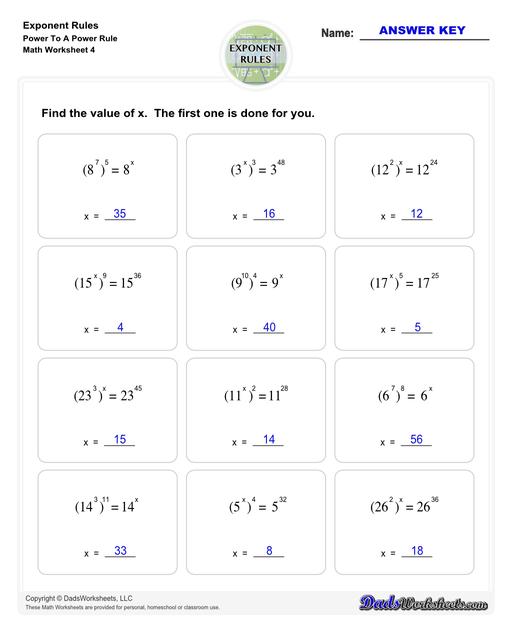These exponent rules worksheets provide practice using the power rule, fraction rule, product rule, the negative rule, log to exponents and more! Learn how to simplify numbers with exponents and see how they relate to fractions, decimals and roots using these PDF worksheets with answer keys.  Exponent Rules Power To A Power Rule V4