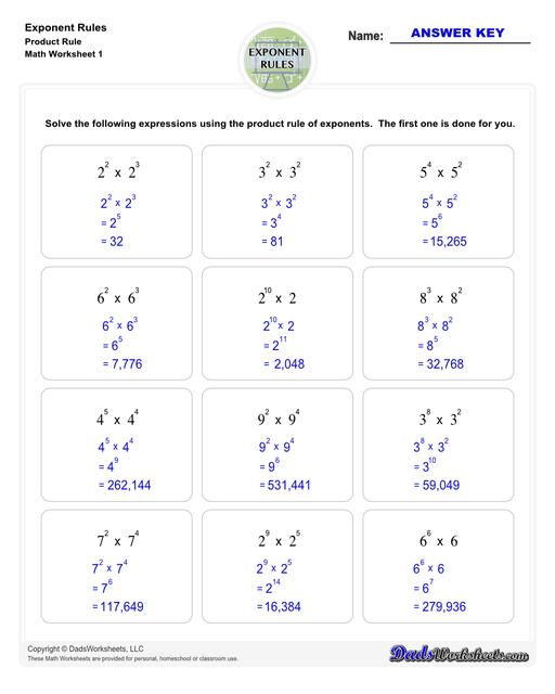 These exponent rules worksheets provide practice using the power rule, fraction rule, product rule, the negative rule, log to exponents and more! Learn how to simplify numbers with exponents and see how they relate to fractions, decimals and roots using these PDF worksheets with answer keys.  Exponent Rules Product Rule V1