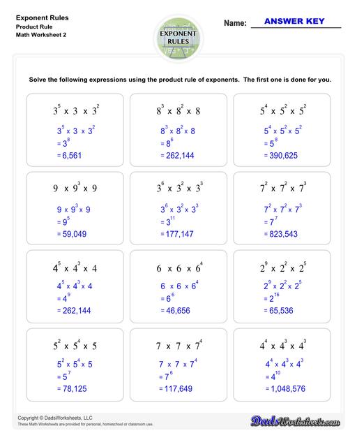 These exponent rules worksheets provide practice using the power rule, fraction rule, product rule, the negative rule, log to exponents and more! Learn how to simplify numbers with exponents and see how they relate to fractions, decimals and roots using these PDF worksheets with answer keys.  Exponent Rules Product Rule V2