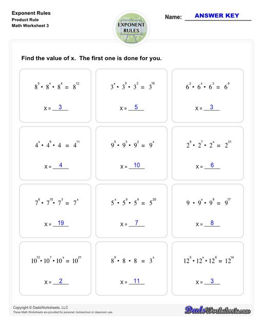 These exponent rules worksheets provide practice using the power rule, fraction rule, product rule, the negative rule, log to exponents and more! Learn how to simplify numbers with exponents and see how they relate to fractions, decimals and roots using these PDF worksheets with answer keys.  Exponent Rules Product Rule V3